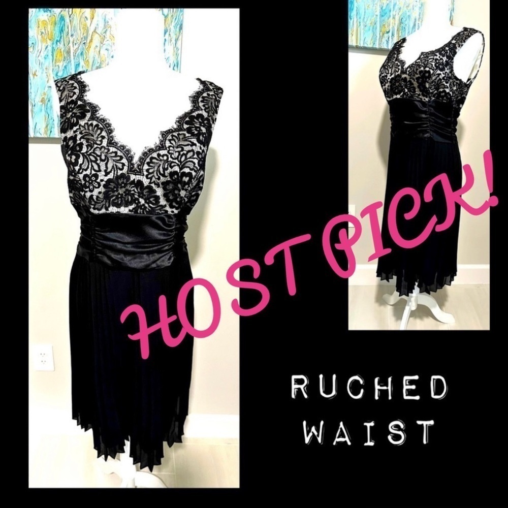 JS Boutique Dress Black Lace w Pleated Bottom Gorgeous Ruched Waist - Picture 2 of 12
